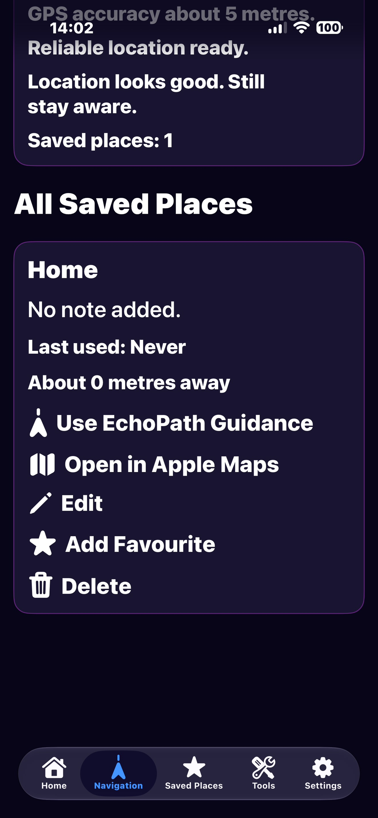 EchoPath saved places screen showing saved locations.